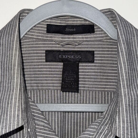 Express Shirt Mens Large Button Up Long Sleeve Collared Gray White Striped - Picture 3 of 7